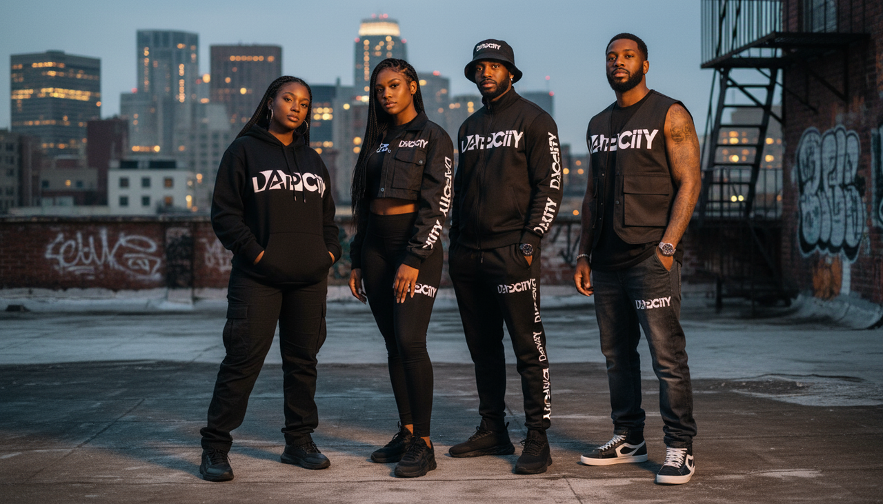 Firefly Gemini Flash A group of black influencer female and male wearing this logo on streetwear 755