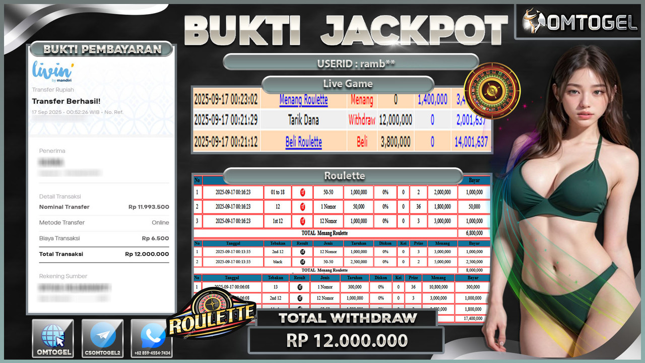 OMTOGEL JACKPOT LIVE GAMES ROULETTE 12 JUTA DI BAYAR LUNAS ,-