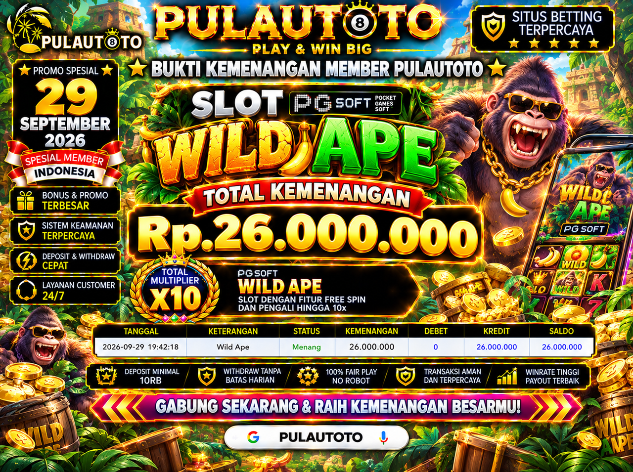 🏆 BUKTI KEMENANGAN MEMBER PULAUTOTO PG SOFT WILD APE🏆