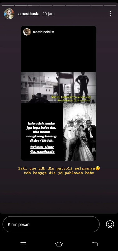 Unggahan Instastory istri Letda Rhesa Sigar