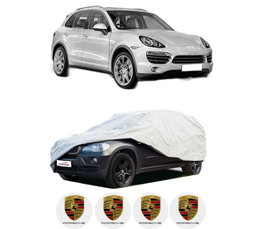 Husa tip prelata auto pentru PORSCHE CAYENNE (92A) din 2010-2018, Culoare Gri, material textil impermeabil, rezistanta la intemperii praf UV, CARPASSION Husa Protectie, 4 Stickere auto cu PORSCHE
