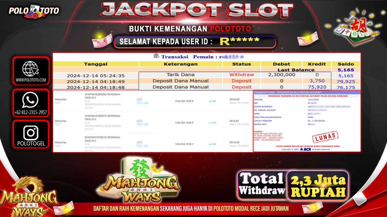 POLOTOTO JACKPOT SLOT MAHJONG WAYS Rp.2,300.000,-