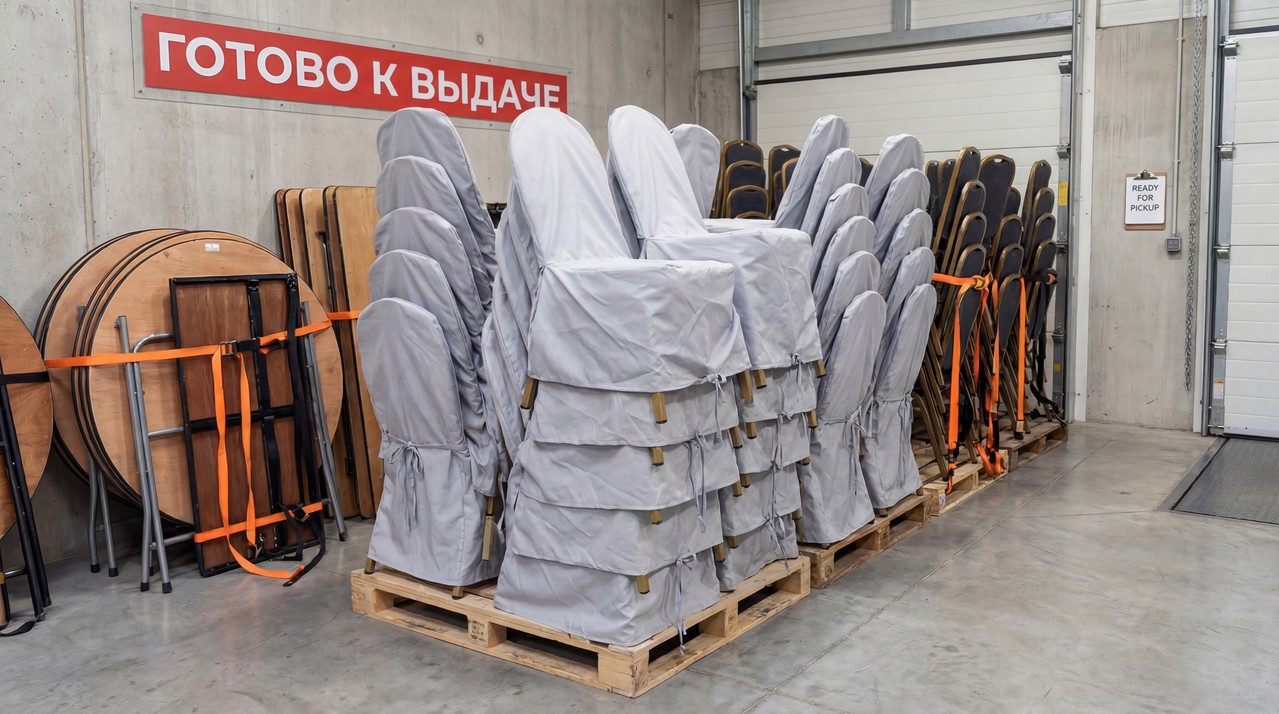 Мебель подготовлена к возврату: стулья в чехлах, столы сложены и упакованы