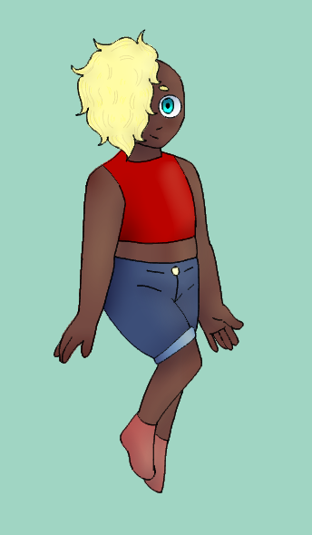 A chubby Black woman with blonde hair that is shaved on the sides and covers her right eye. Her left eye is light blue. She has a flat chest and wear a tight red crop-top with knee lenght jean shorts and ankle lenght light red socks.