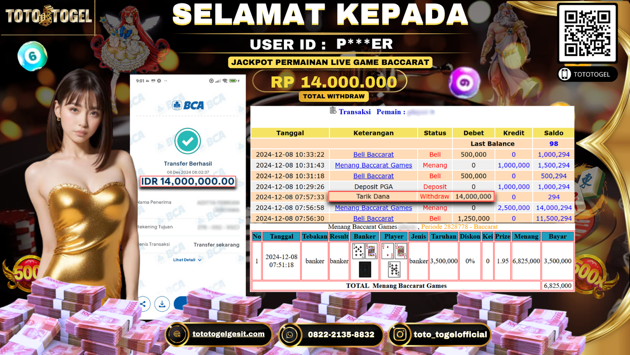 Bukti Pembayaran Jackpot Permainan Live Game Baccarat ID: P***ER LUNAS