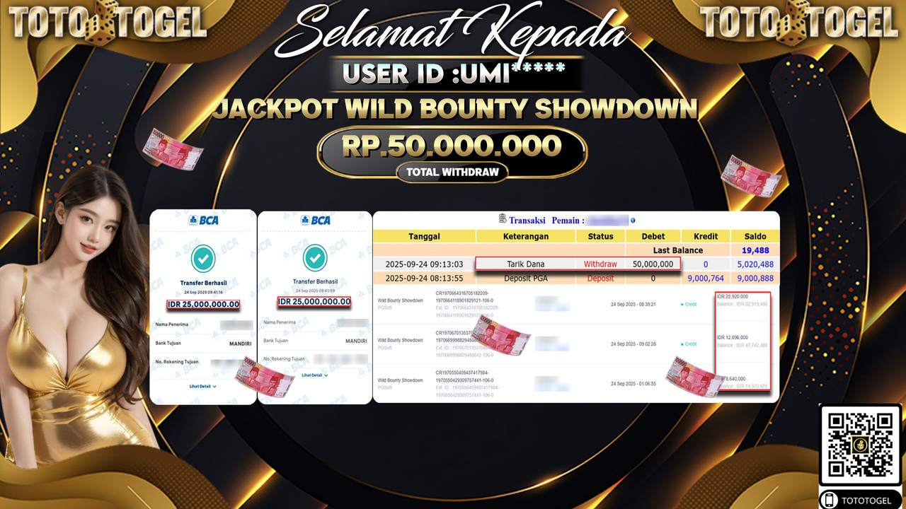 Bukti Pembayaran Jackpot Permainan Slot Wild Bounty ShowDown ID:UMI*** LUNAS