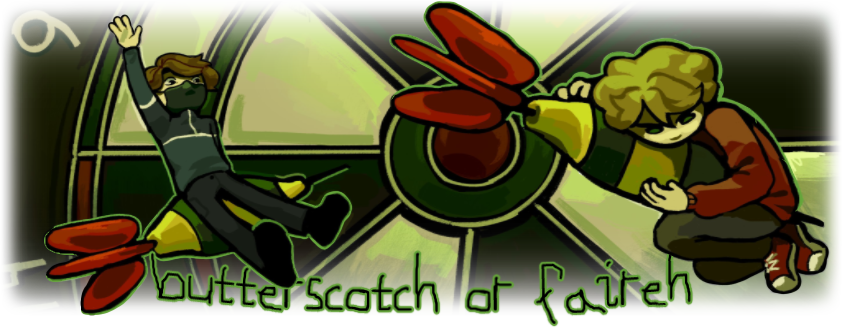 "butterscotch or faireh" is written in black with an off green outline in the font autumn huismuis 22, and is made to be in a curved shape. the text sits on top of a drawing by wadd3i of arg alliumduo, tommy in his red hoodie, black jeans, and red and white sneakers while ranboo is in a black mask, a dark blue jacket with white stipes on it, dark jeans, and black shoes. ranboo is sitting on a black and yellow striped throwing dart with a red flight, and is happily waving at an emotionless tommy who's curled in a fetal position around another throwing dart, the darts wedged in a dartboard. the whole drawing has a green overlay with a few vibrant reds, and has been cropped and edited to be smaller and to have faded edges, the top and bottom being more blurred than the left and right. it has also been edited so some parts are unaffected by the fade, them being tommy, ranboo, and the throwing darts.