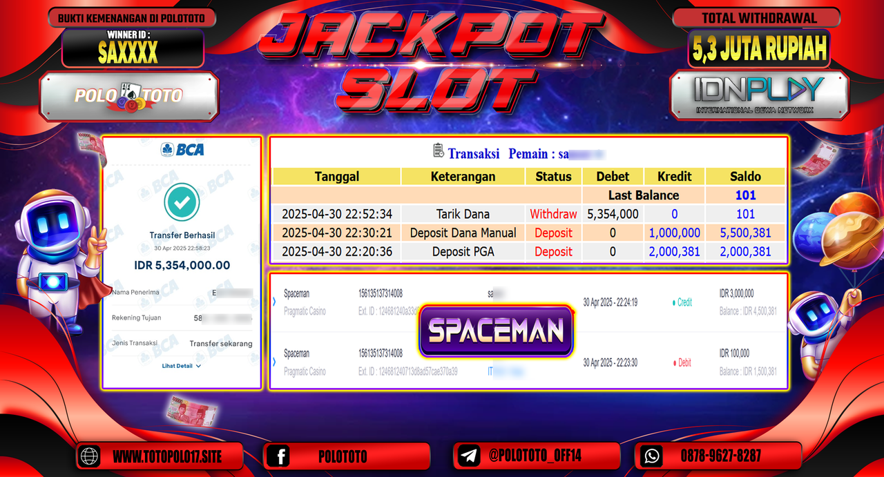 POLOTOTO JACKPOT SLOT SPACEMAN Rp.5.354.000,-