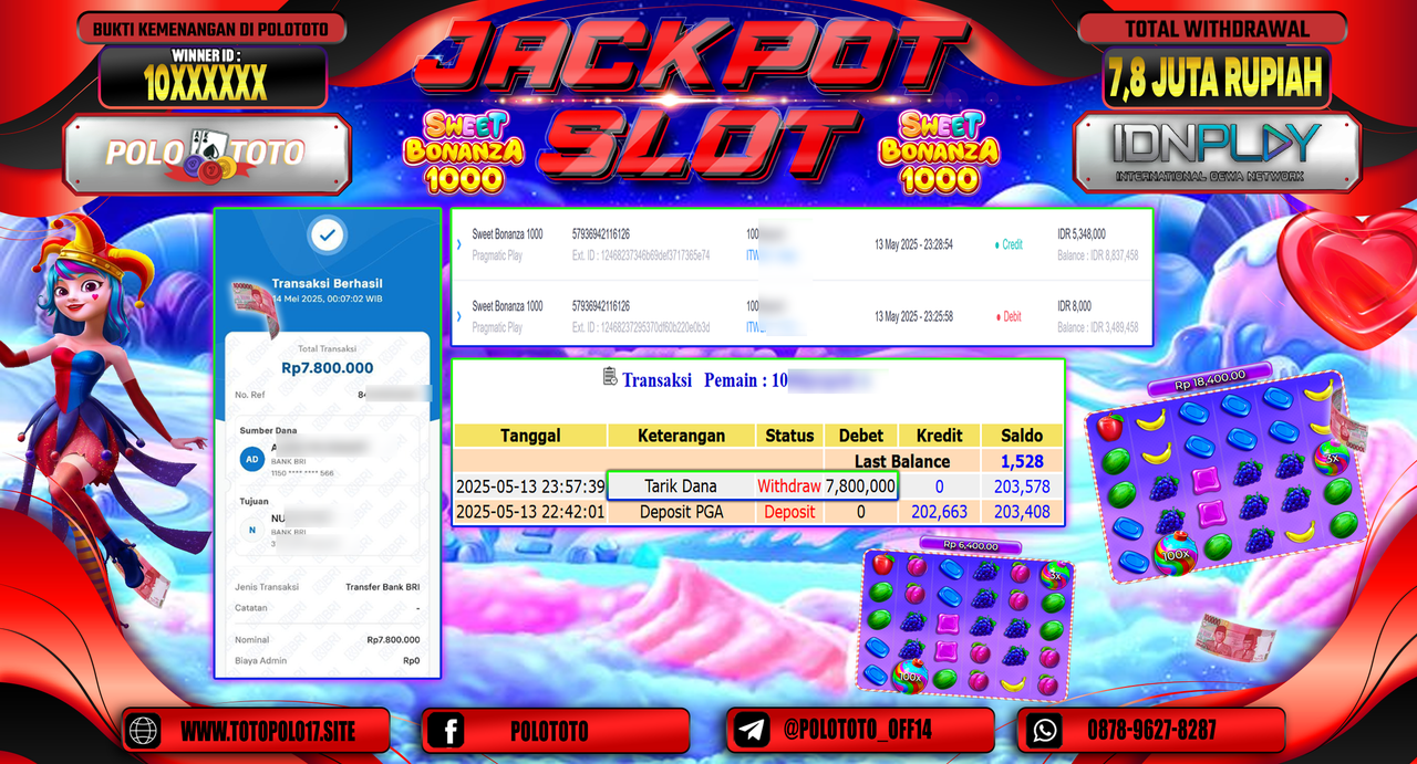 POLOTOTO JACKPOT SLOT SWEET BONANZA 1000 Rp.7.800.000,-