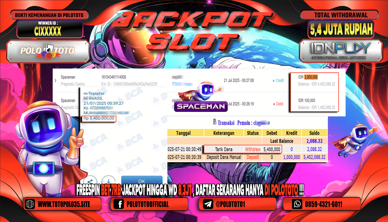 POLOTOTO JACKPOT SLOT SPACEMAN Rp.5.400.000,- LUNAS