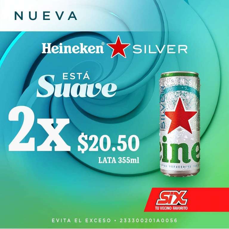 Tiendas Six: Heineken Silver, 2x1 (2 latas de 355ml x $20.50) 
