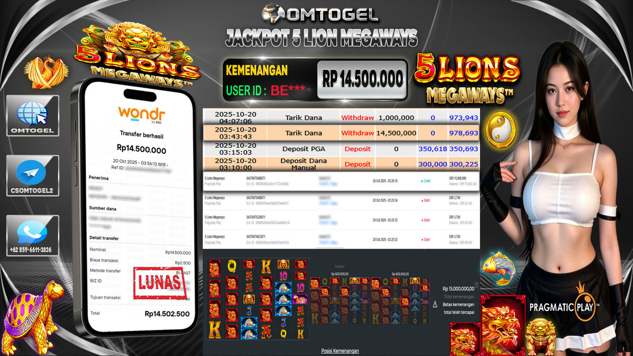 OMTOGEL JACKPOT PRAGMATIC PLAY 5 LIONS MEGAWAYS 14 JUTA DI BAYAR LUNAS ,-