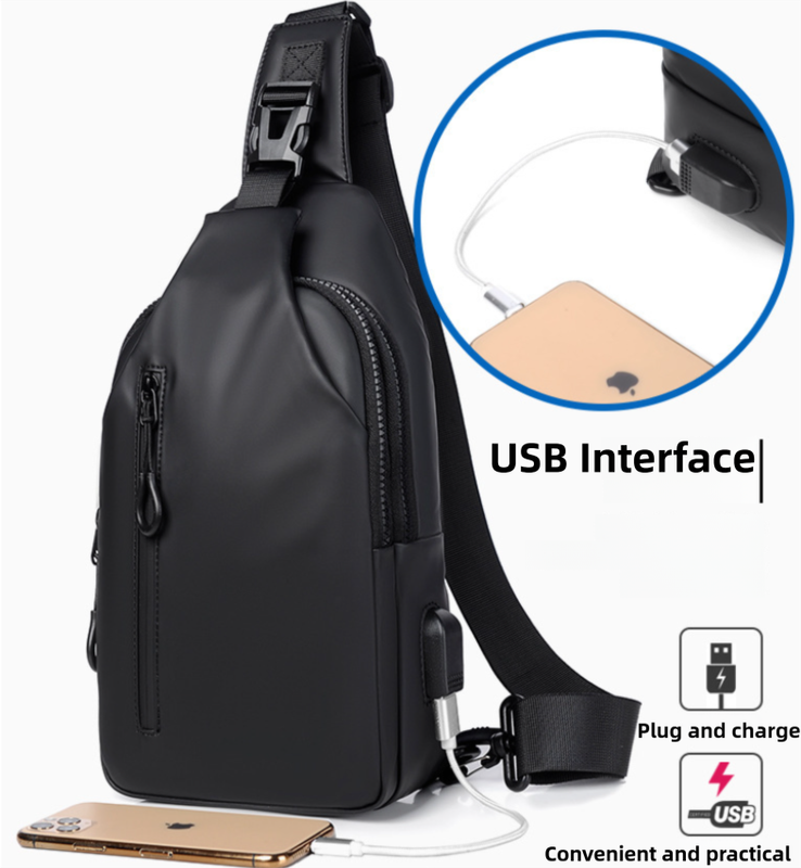 Grey Water / Wrinkle-Resistant Nylon Men's Tactical Chest Bag with USB Charging Port - 4 Layer Large Capacity Crossbody Pack