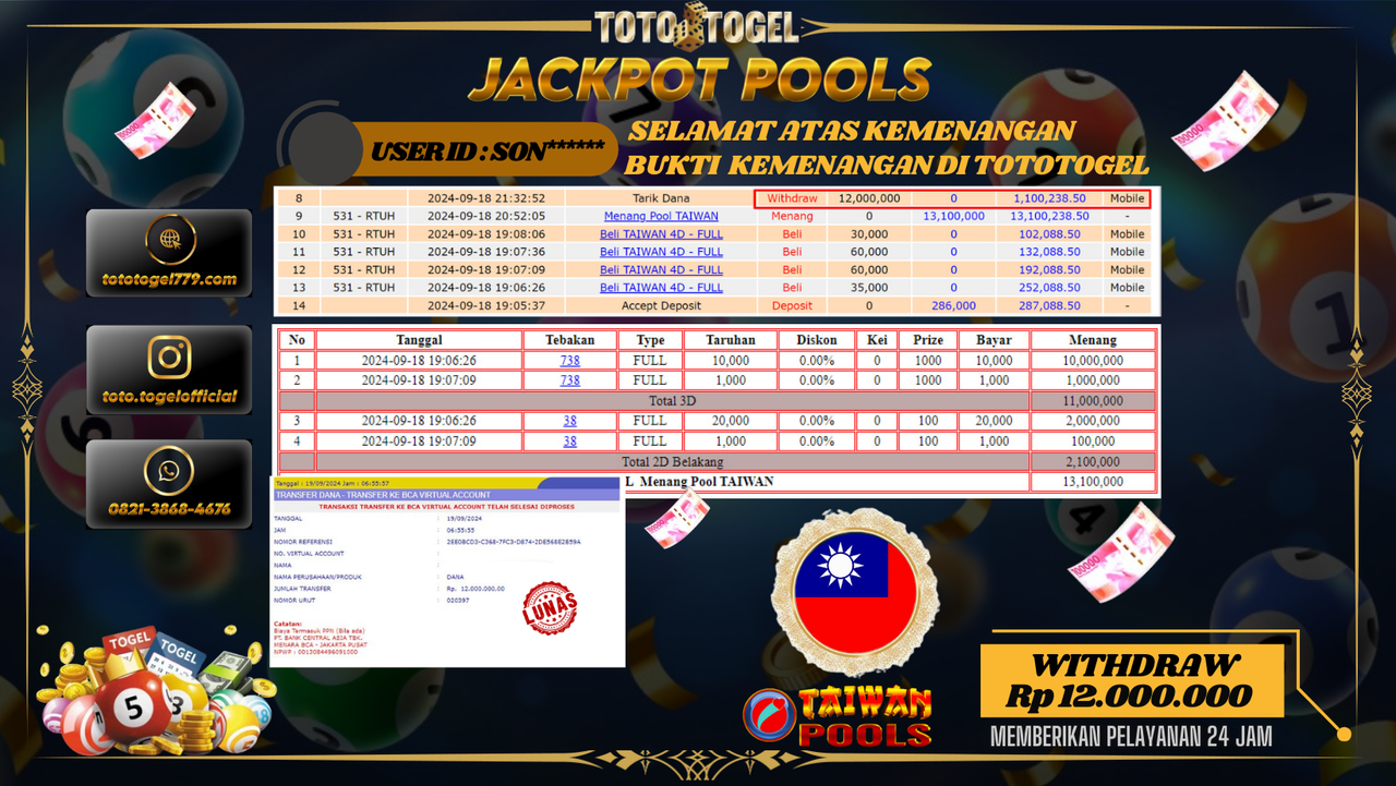 Bukti Kemenangan Permainan Togel Taiwan Pools Dengan ID : SON*****  Terbayar Lunas!!