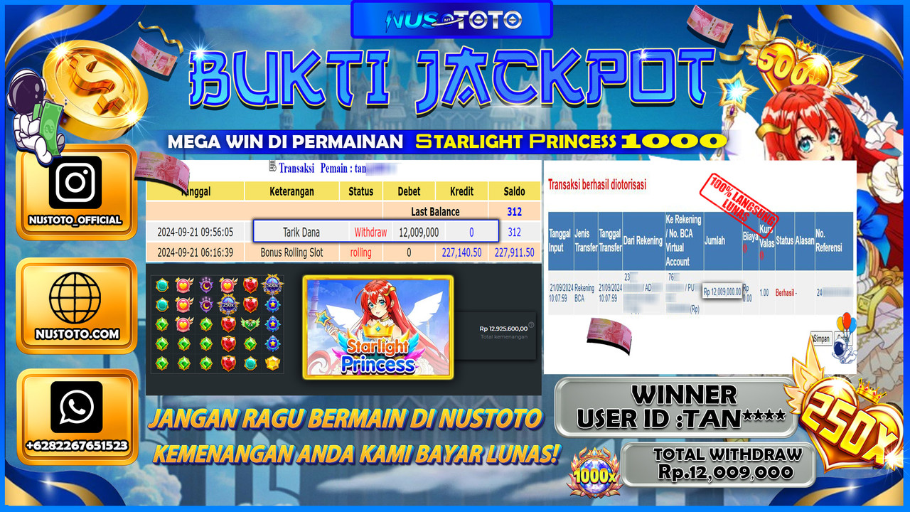 JACKPOT !! MENANG BESAR DI SLOT GAMES STARLIGHT PRINCESS  Rp. 12.009.000 LANGSUNG DI BAYAR LUNAS NUSTOTO !!