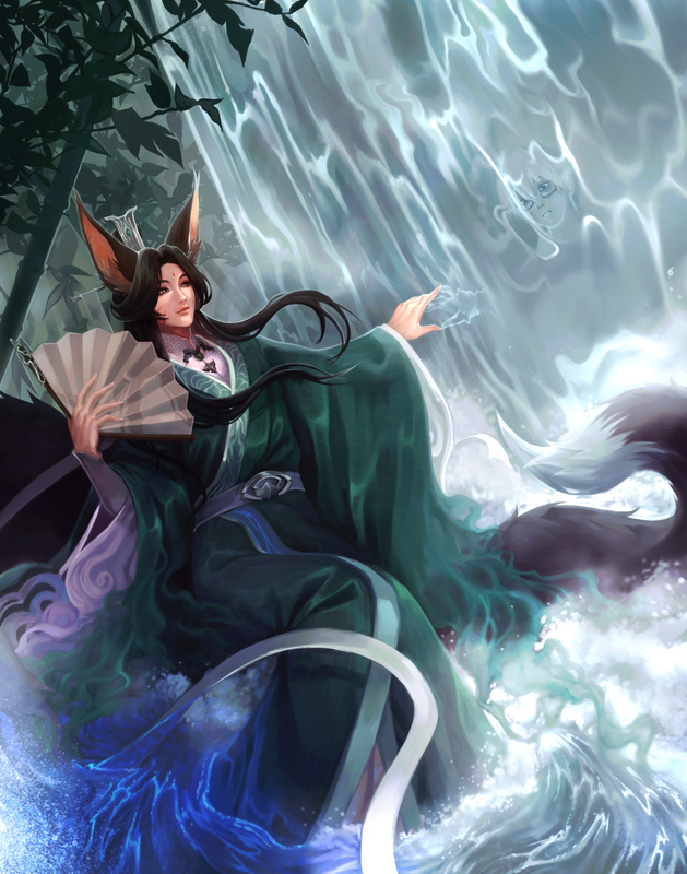 A digital painting of Fox Spirit!Shen Qingqiu standing at the base of his waterfall, trailing his hand in the running water. Reflected in the waterfall, reaching back out is the watery form of Shen Yuan, wearing his short hair, t-shirt, and square-framed glasses. Shen Qingqiu looks serene, his face lit with sunlight shining through the leaves in the tree above him, while Shen Yuan appears shocked. 
Shen Qingqiu's right hand holds his fan slayed out by his shoulder; the sleeves of his green and white robes are dissolving softly into clouds, alluding that he perhaps just changed forms. 
Shen Qingqiu's black-furred tail is tipped in white and swirls around him chaotically, following the rushing river he is standing in.