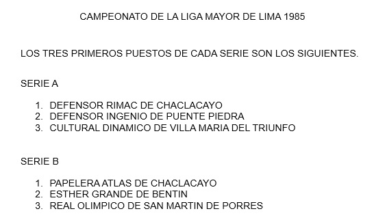 Liga Mayor de Lima 1985 parte 2
