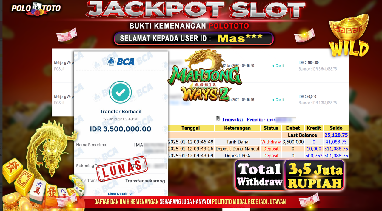 POLOTOTO JACKPOT SLOT MAHJONG WAYS 2 Rp.3,500.000,-
