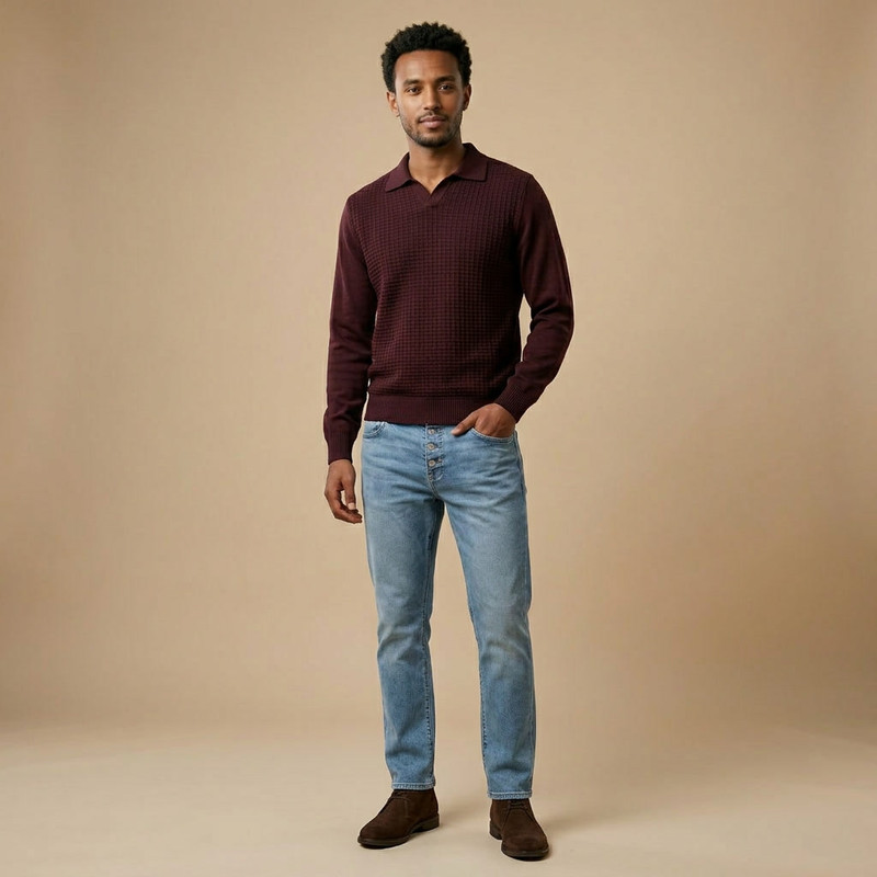 Contemporary casual outfit for men presented in a studio setting with sharp detail and natural lighting