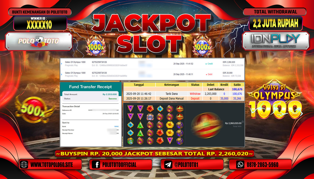 POLOTOTO JACKPOT SLOT GATES OF OLYMPUS 1000 Rp.2.200.000,- LUNAS