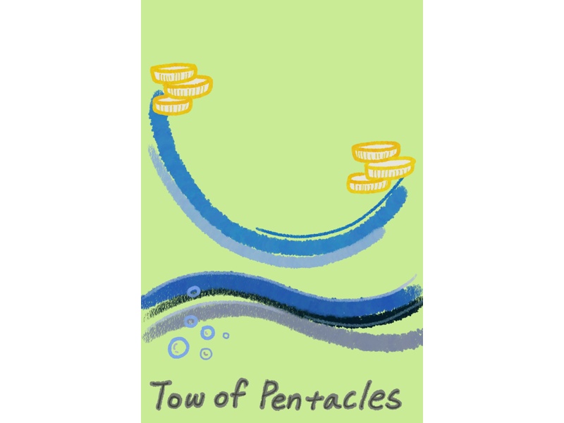 Two of Pentacles card thumbnail (slim style, yellow coins balanced on blue curves, green background)