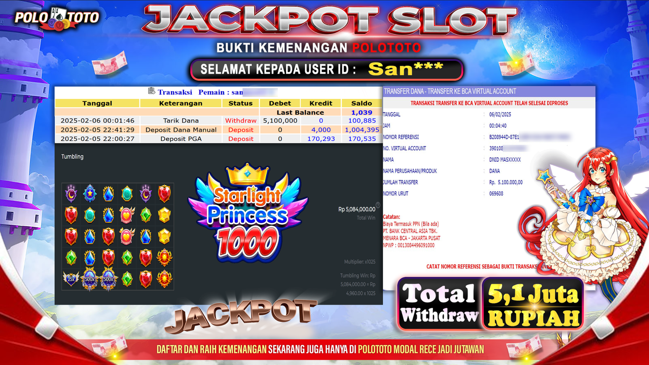 POLOTOTO JACKPOT SLOT STARLIGHT PRINCESS 1000 Rp.5,100.000,-