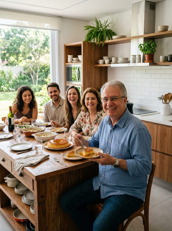 Família no almoço com pudim