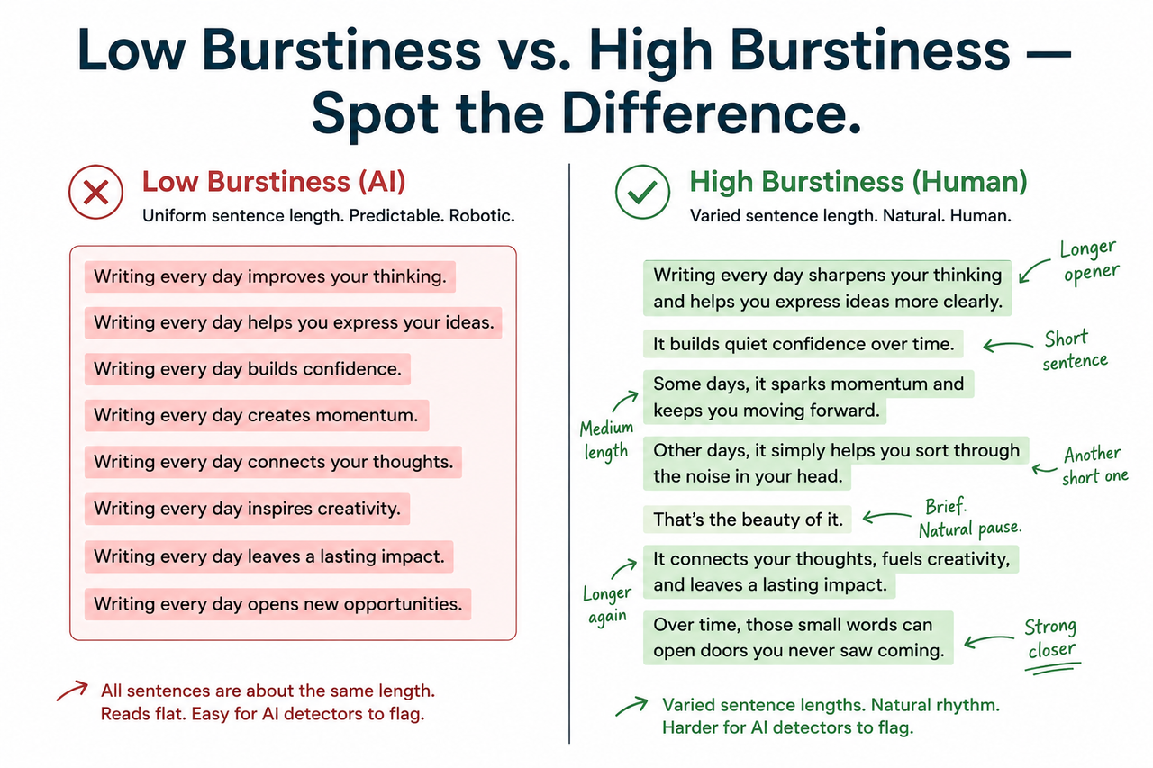 Low burstiness vs high burstiness — how to bypass AI detection legitimately through sentence variation