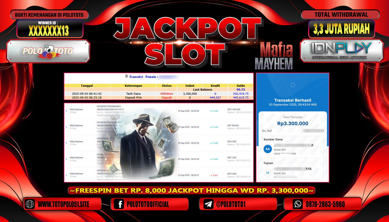 POLOTOTO JACKPOT SLOT MAFIA MAYHEM Rp.3.300.000,-