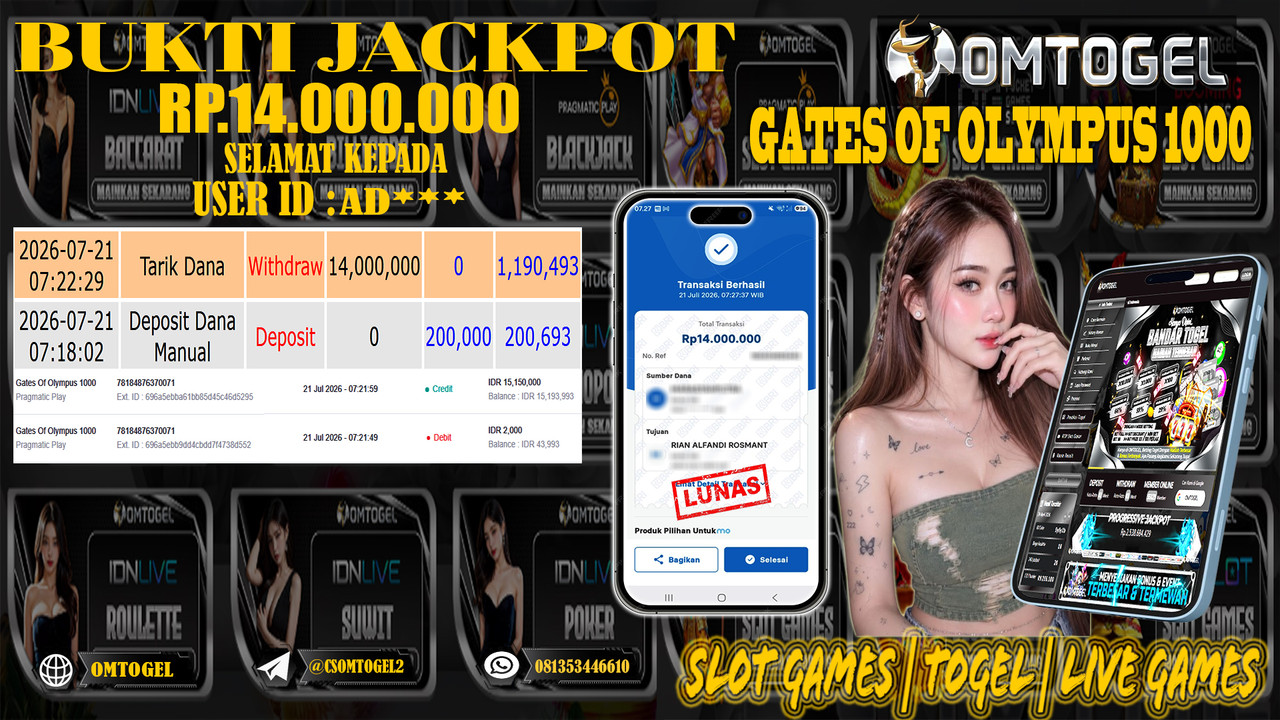 OMTOGEL JACKPOT PRAGMATICPLAY GATES OF OLYMPUS 1000  Rp,14,000,000,- DIBAYAR LUNAS