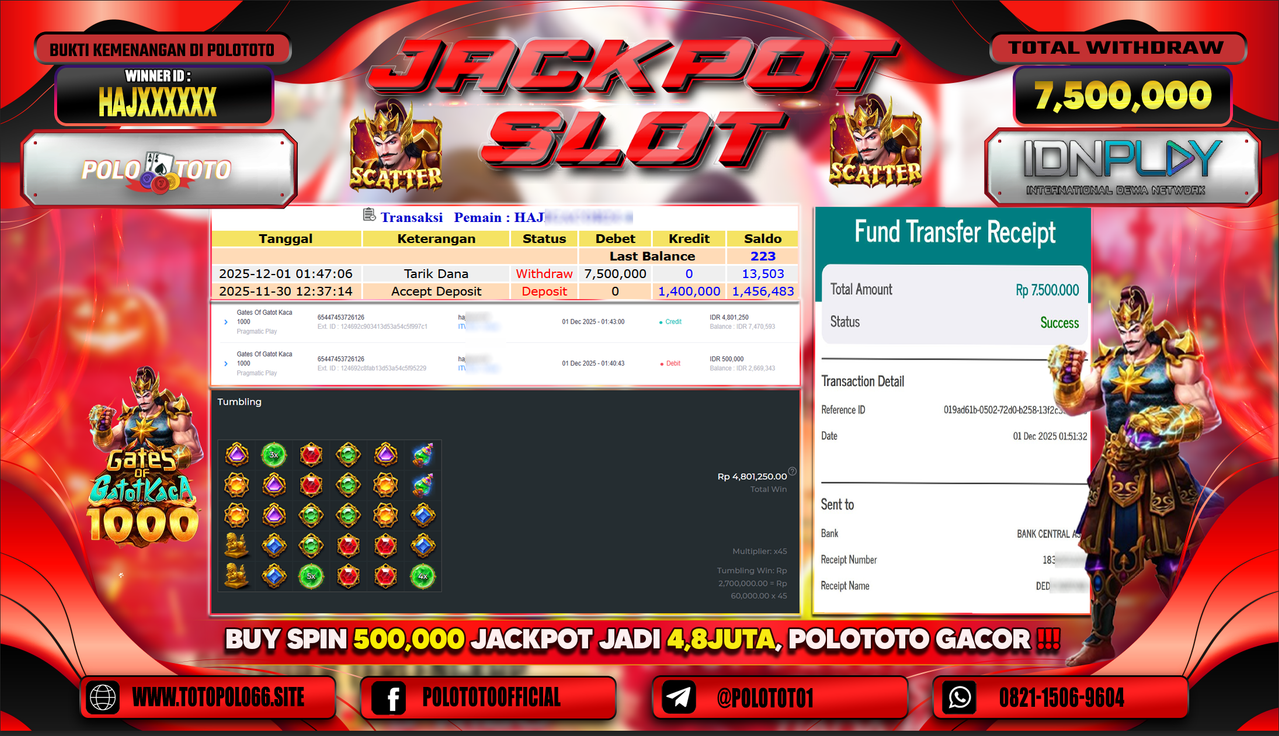 POLOTOTO JACKPOT SLOT GATES OF GATOT KACA 1000 Rp.7.500.000,- LUNAS