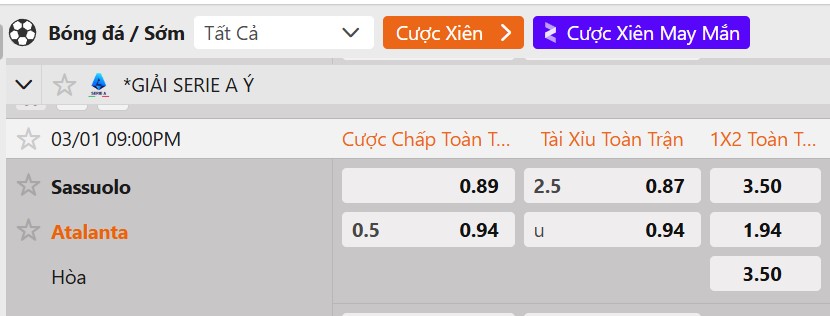 Tỷ lệ kèo Sassuolo vs Atalanta