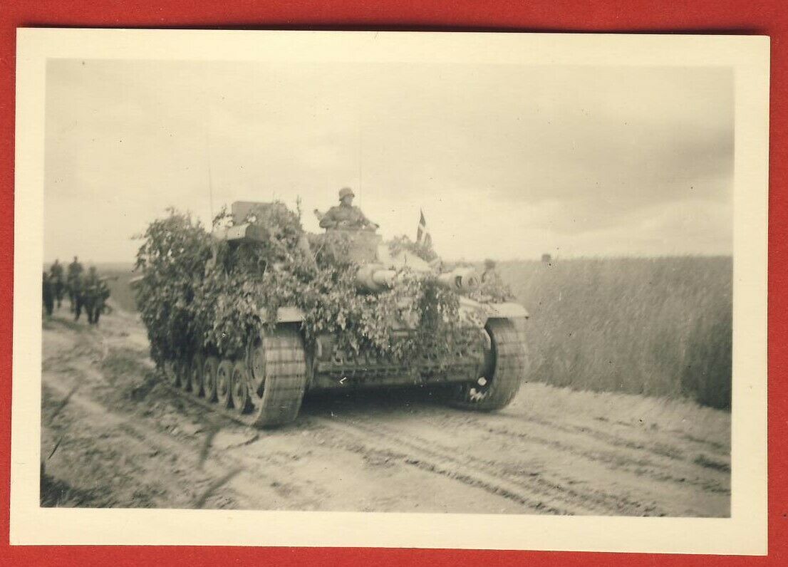 Fotos Panzer Sturmgeschütz  mit Tarnung und Fahne Rußland Feldzug1