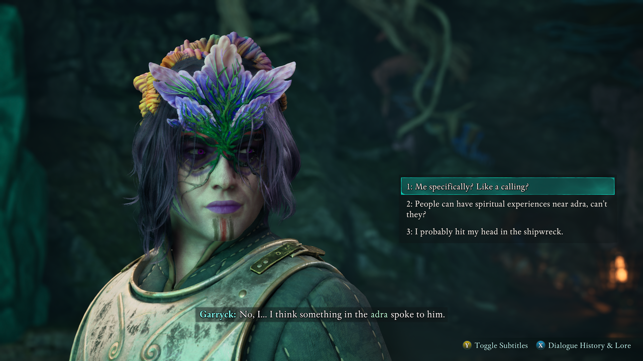 A screenshot of a player in dialogue with Garryck in Avowed.