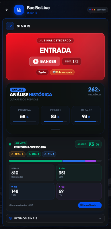Tela de sinal ao vivo, entrada Banker