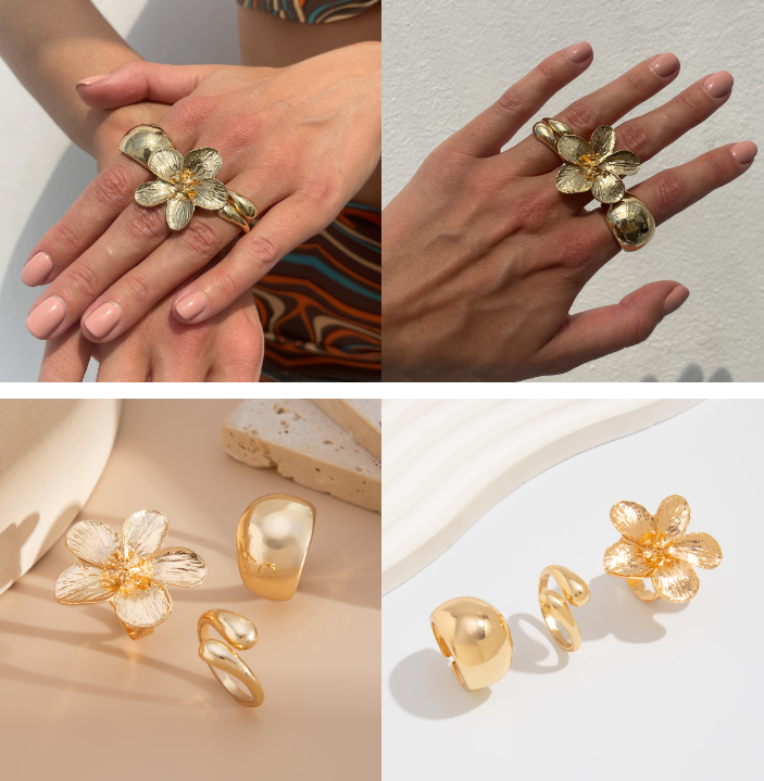 3-Piece Sculptural Gold Tone Ring Set - Large Textured Flower, Chunky Smooth Dome & Teardrop Wrap Band - Adjustable Statement Jewellery