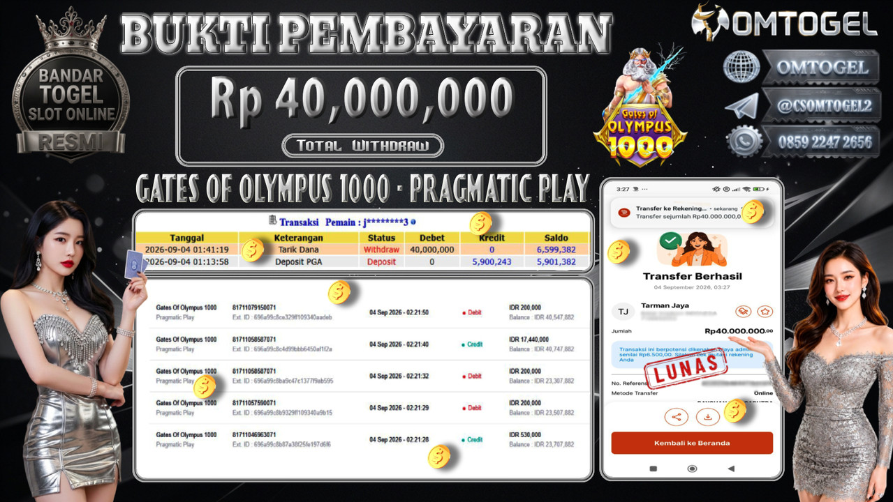 OMTOGEL JACKPOT PRAGMATIC PLAY GATES OF OLYMPUS 1000 Rp.40,000,000,- DIBAYAR LUNAS 
