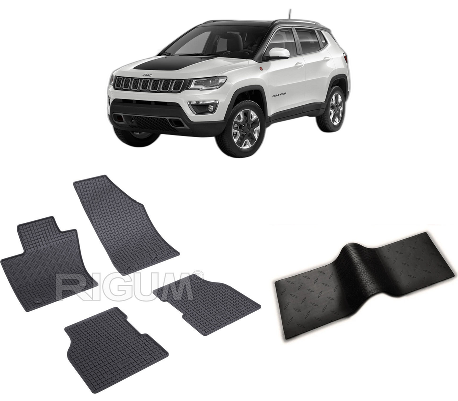 Set covorase auto JEEP COMPASS II din 08.2017-PREZENT, cu covoras tunel median, CAROSERIE SUV, Presuri cauciuc 100%, compatibil cu autoturismul JEEP COMPASS II, Rigum