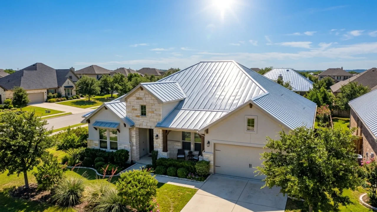 Light colored metal roof on San Antonio home reflecting sunlight energy efficiency