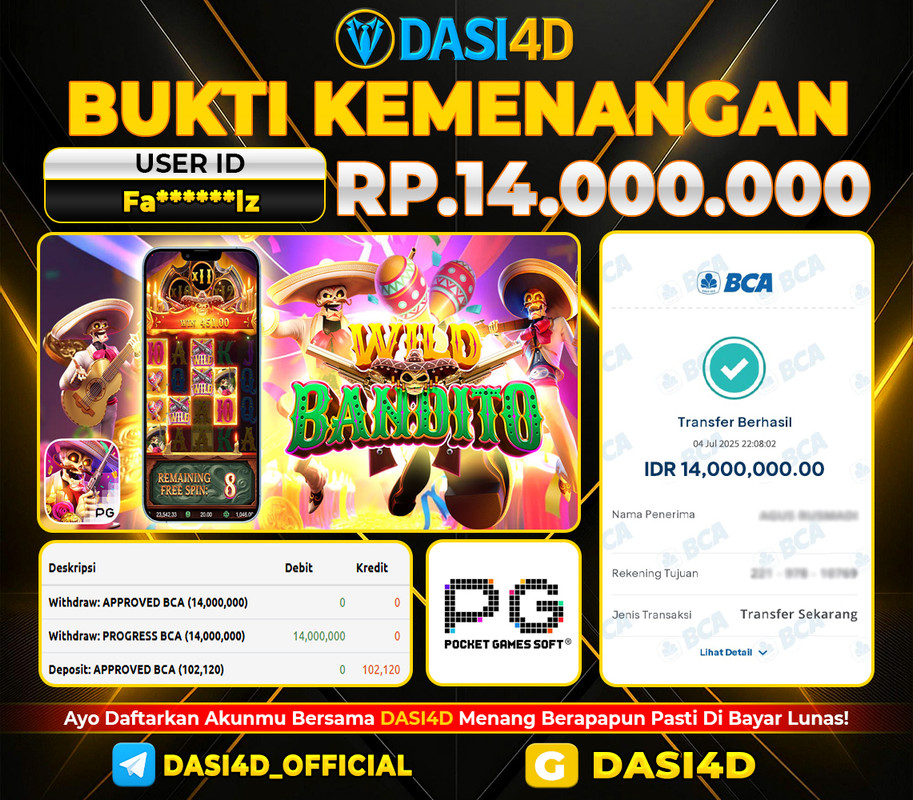BUKTI KEMENANGAN 05 JULI 2025 DI WILD BANDITO RP 14.000.000 JUTA