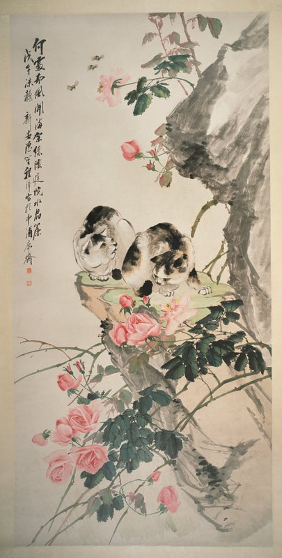 Zhang-Cheng-Cats-on-a-Rock-with-Roses-Meister-Drucke-910717