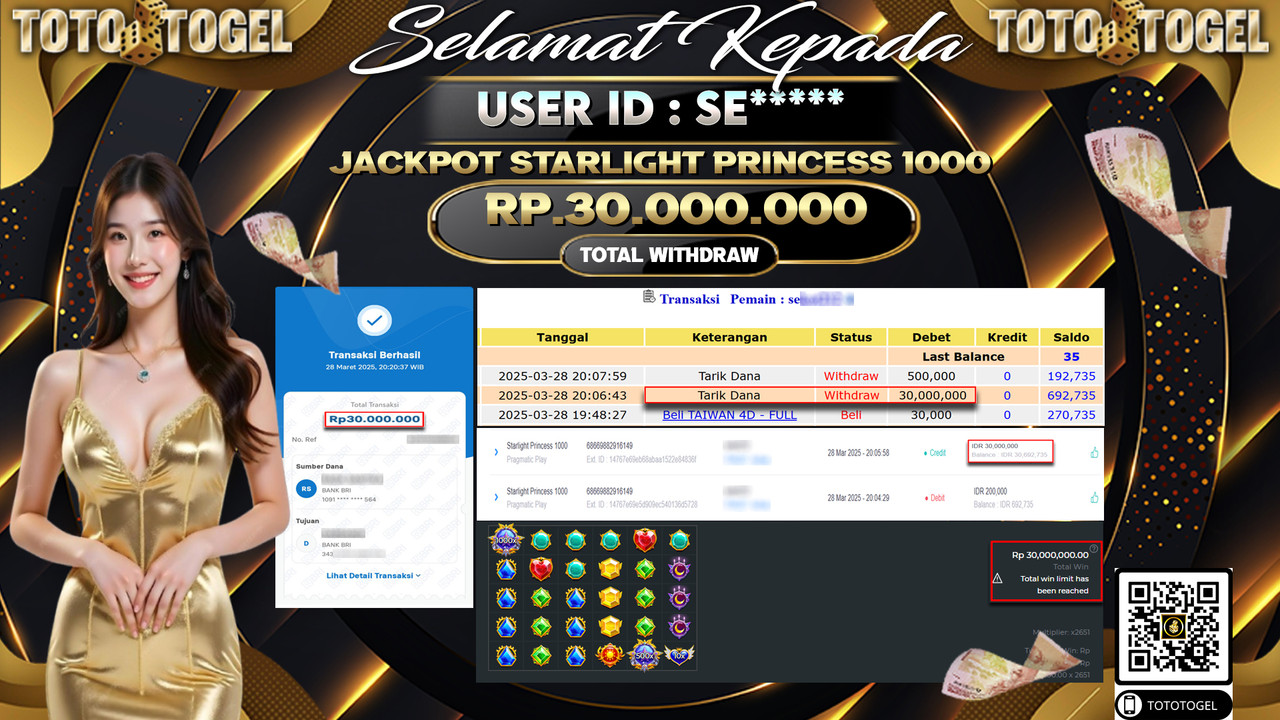 Bukti Pembayaran Jackpot  Permainan Slot Starlihgt Princess  1000 2 ID:SE***** LUNAS
