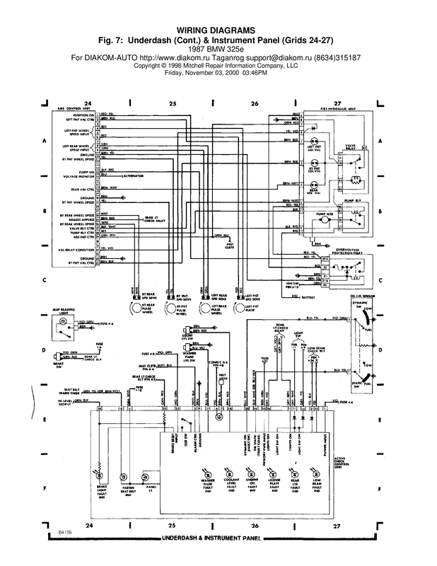BMW 325e 1987 Wiring Diagrams # 7 - Underdash and Instrument Panel   grids  24 -27