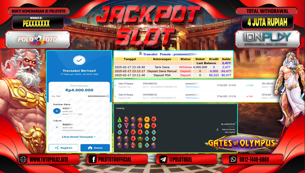 POLOTOTO JACKPOT SLOT GATES OF OLYMPUS Rp.4.000.000,-