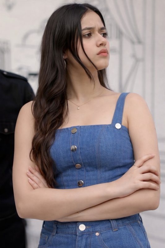 Confident woman in denim outfit