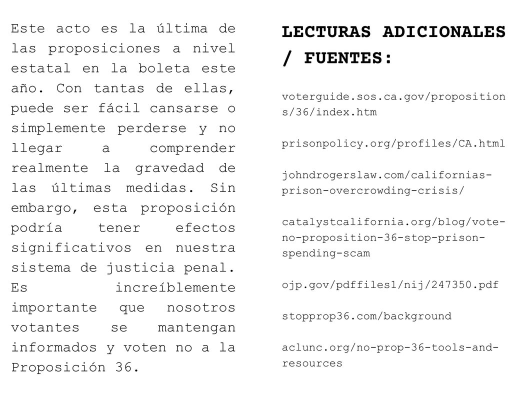 La quinta y sexta página de una zine titulado 'PROP 36 “La Estafa de Gastos Penetenciarios”'.
