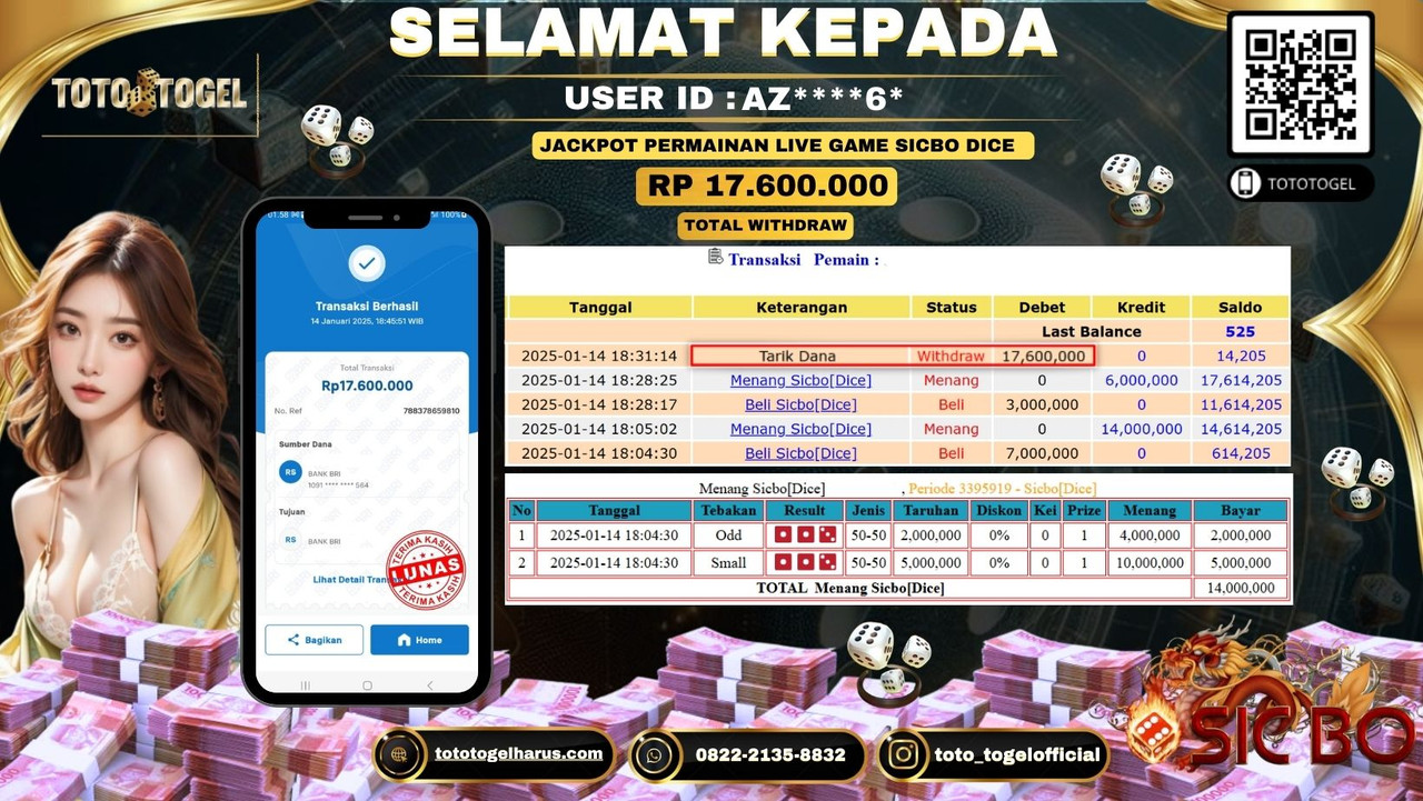 Bukti Pembayaran Jackpot  Permainan Live Game Sicbo Dice  :AZ****6*  LUNAS