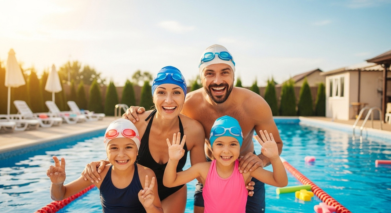 Семья в очках для плавания готова к тренировке в бассейне