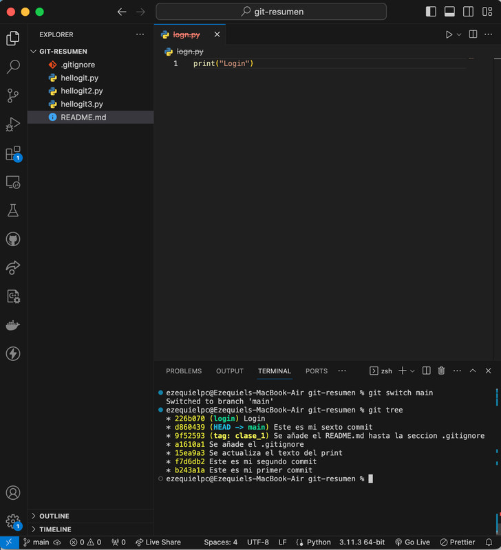 Ejecucion git tree luego de commitear el login Git branch