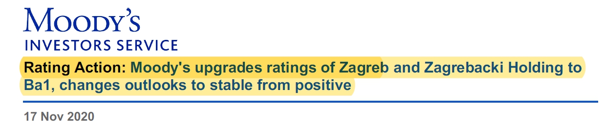 Rating Action: Moody's upgrades ratings of Zagreb and Zagrebacki Holding to Ba1, changes outlooks to stable from positive Screenshot-153